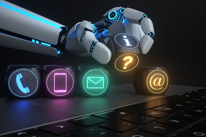 A robot arm and communication icons on a dark background.