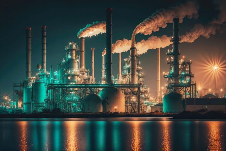An industrial plant lit up at night.