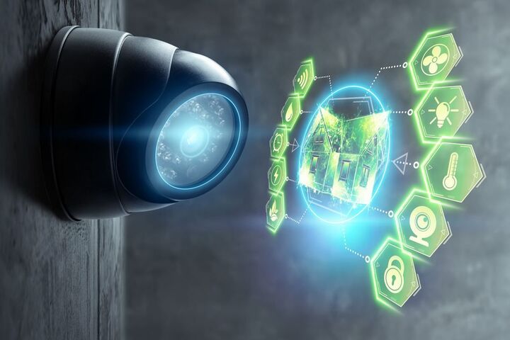 A security camera with a digital shield graphic.