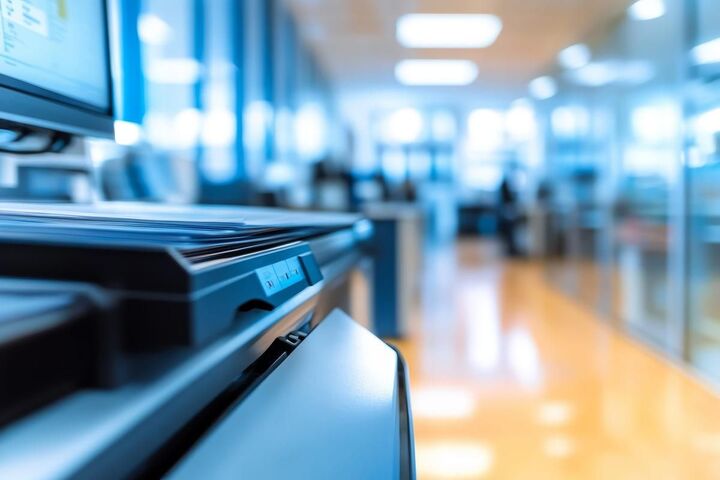 An office printer producing pages in a lit room.