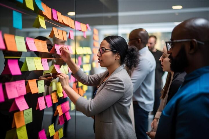 A group of colleagues talking in a glass-walled office.