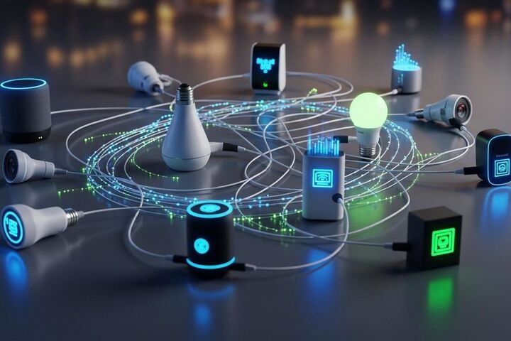 A tablet and a phone showing AI icons on a dark desk.