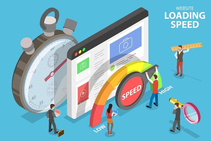 A speed gauge and a stopwatch beside a browser window labelled Website Loading Speed.