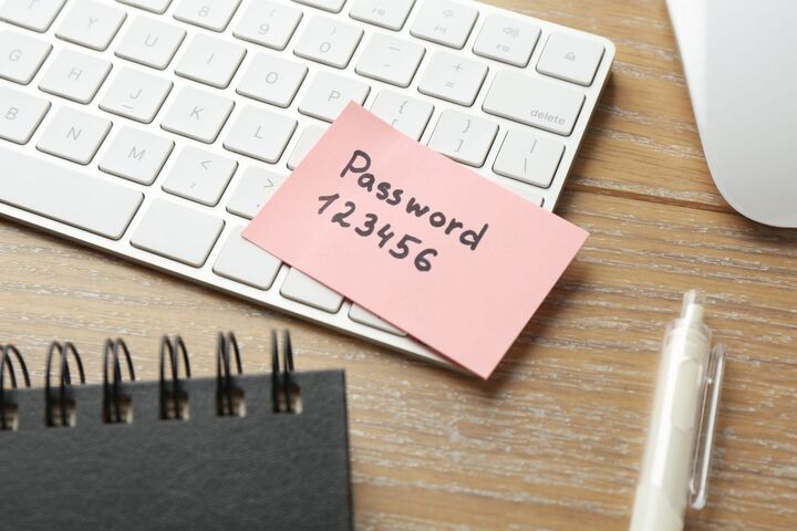 A notebook page with a handwritten password note.