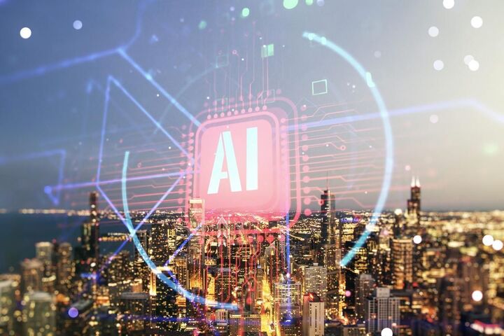 A city skyline at night with a glowing AI badge.
