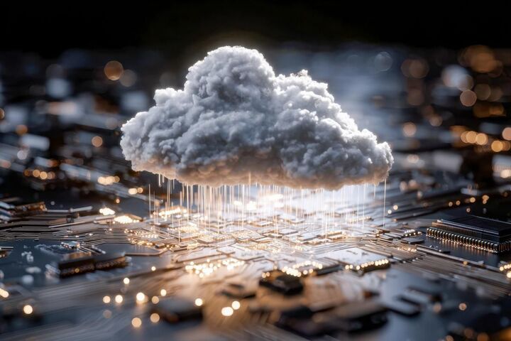 A storm cloud over a glowing circuit board.
