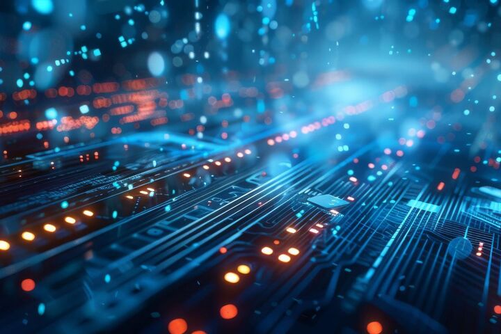 Streaks of light running through a server room.