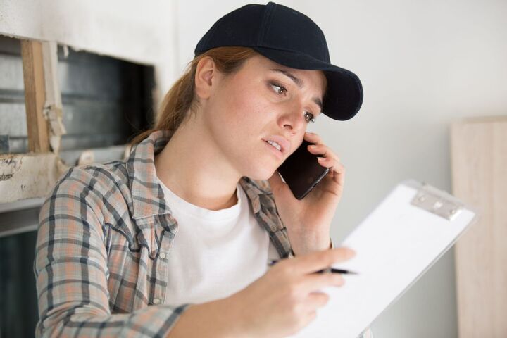 A woman with a clipboard talking on the phone in a workshop.