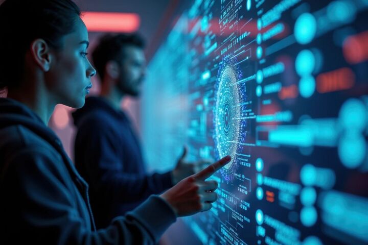 A wall of data charts with a person in the foreground.