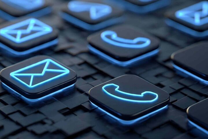 Phone, email and chat icons glowing on a dark surface.